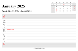 january 2025 weekly calendar with us holidays landscape layout