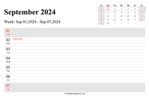 september 2024 weekly calendar with us holidays landscape layout