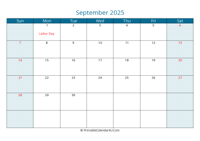 september 2025 calendar printable with us holidays, sunday start, landscape, letter paper size