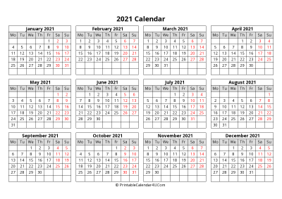 2021 calendar with week start on monday