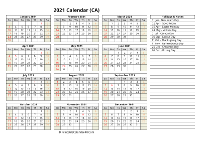 2021 canada calendar with holidays and notes (landscape)
