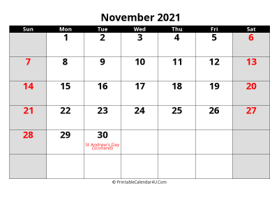 2021 november uk calendar with holidays, with week start on sunday