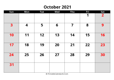 2021 october uk calendar with holidays, with week start on sunday