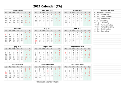 2021 yearly canada calendar with week start on monday