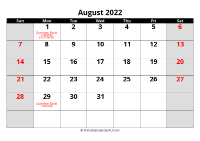 2022 august uk calendar with holidays, with week start on sunday