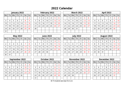 2022 calendar with week start on monday