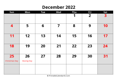 2022 december uk calendar with holidays, with week start on sunday