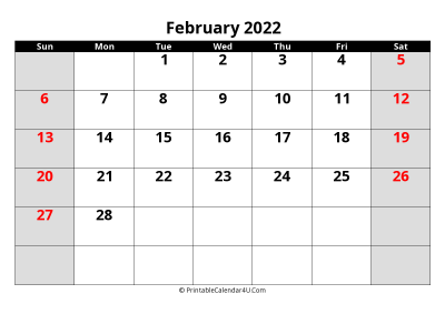 2022 february uk calendar with holidays, with week start on sunday