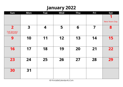 2022 january uk calendar with holidays, with week start on sunday