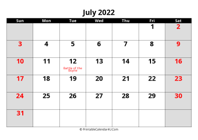 2022 july uk calendar with holidays, with week start on sunday
