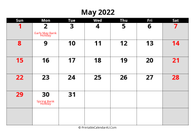2022 may uk calendar with holidays, with week start on sunday