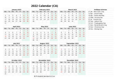 2022 yearly canada calendar with week start on monday