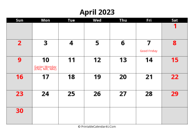 2023 april uk calendar with holidays, with week start on sunday