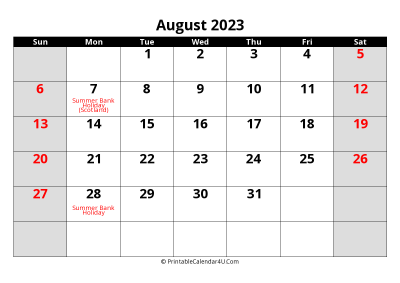 2023 august uk calendar with holidays, with week start on sunday