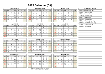 2023 canada calendar with holidays and notes (landscape)