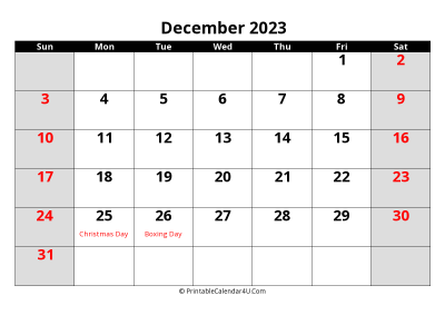 2023 december uk calendar with holidays, with week start on sunday