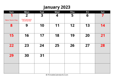 2023 january uk calendar with holidays, with week start on sunday