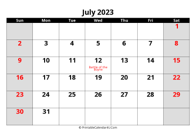 2023 july uk calendar with holidays, with week start on sunday
