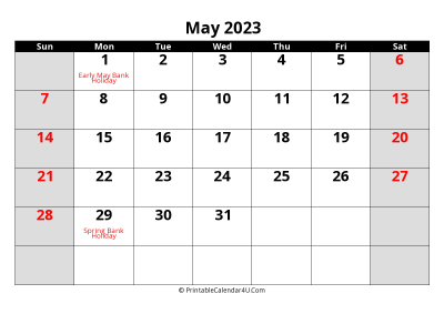 2023 may uk calendar with holidays, with week start on sunday