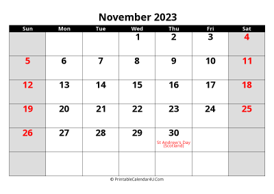 2023 november uk calendar with holidays, with week start on sunday