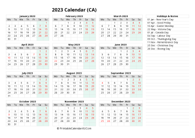 2023 yearly canada calendar with week start on monday