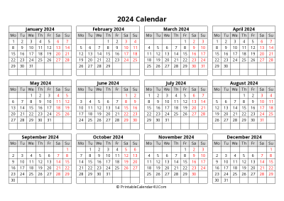 2024 calendar with week start on monday