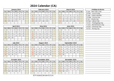 2024 canada calendar with holidays and notes (landscape)
