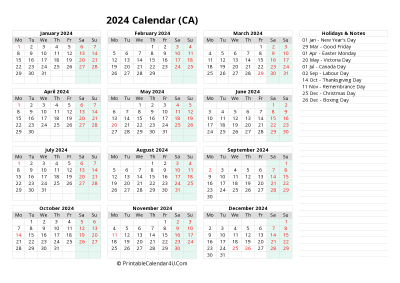 2024 yearly canada calendar with week start on monday