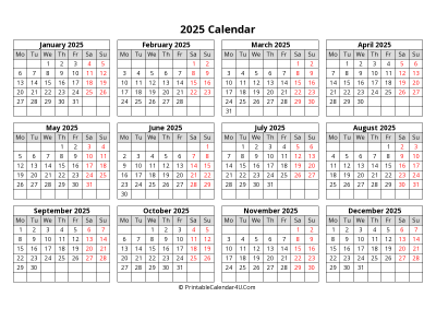 2025 calendar with week start on monday