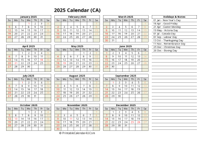 2025 canada calendar with holidays and notes (landscape)