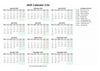 2025 yearly canada calendar with week start on monday