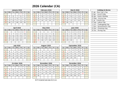 2026 canada calendar with holidays and notes (landscape)