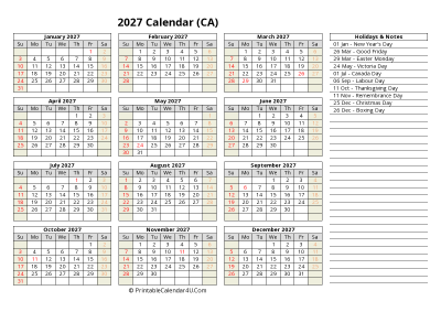 2027 canada calendar with holidays and notes (landscape)