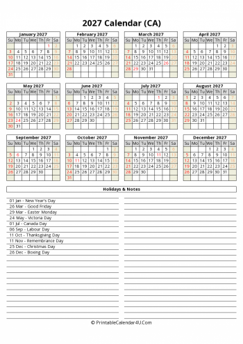 2027 canada calendar with holidays and notes (portrait)