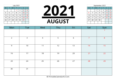 canada calendar august 2021 with week start on monday