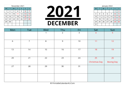 canada calendar december 2021 with week start on monday