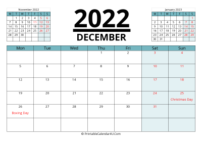 canada calendar december 2022 with week start on monday