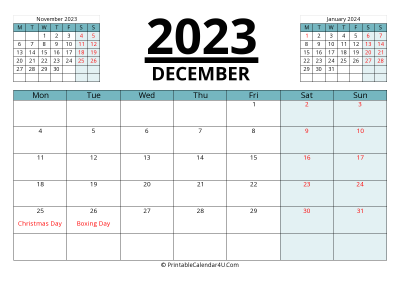 canada calendar december 2023 with week start on monday