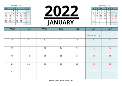 canada calendar january 2022 with week start on monday