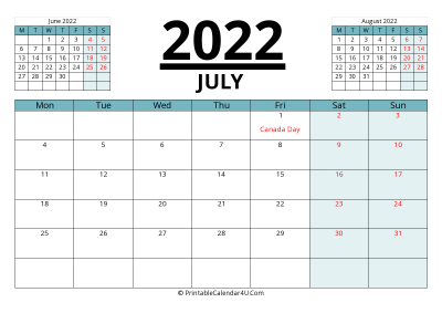 canada calendar july 2022 with week start on monday