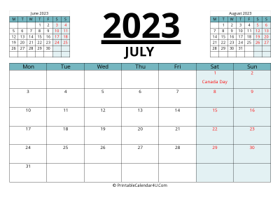 canada calendar july 2023 with week start on monday