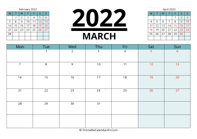 canada calendar march 2022 with week start on monday