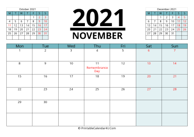 canada calendar november 2021 with week start on monday