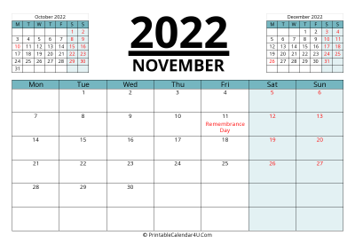 canada calendar november 2022 with week start on monday