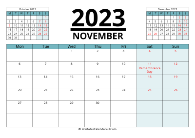 canada calendar november 2023 with week start on monday