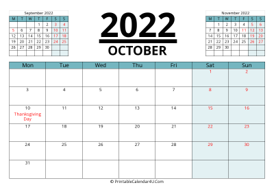 canada calendar october 2022 with week start on monday