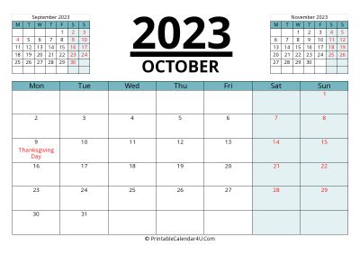 canada calendar october 2023 with week start on monday