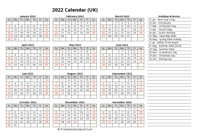 printable 2022 uk calendar with holiday