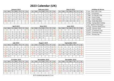 printable 2023 uk calendar with holiday