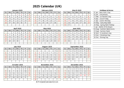 printable 2025 uk calendar with holiday